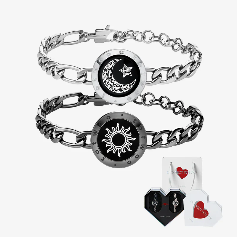 [White Heart Gift Packaging] Sun&Moon Touch Bracelets with Figaro Chain (Black+Silver)